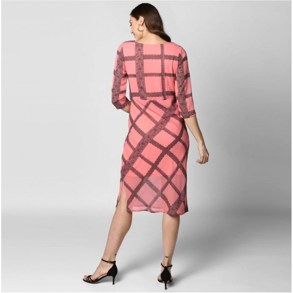 Vaystra Polyester Checkered 3-4th Sleeves Below Knee Dress – Pink & Black