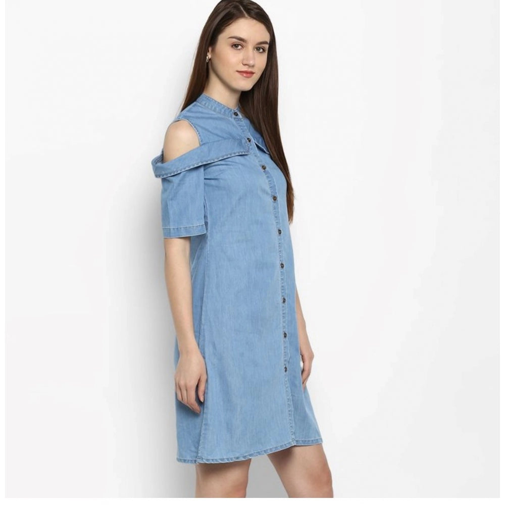 Vaystra Denim Solid Cold Shoulder Above Knee Dress – Blue