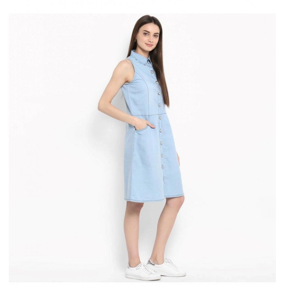 Vaystra Denim Solid Sleeveless Below Knee Dress – Blue
