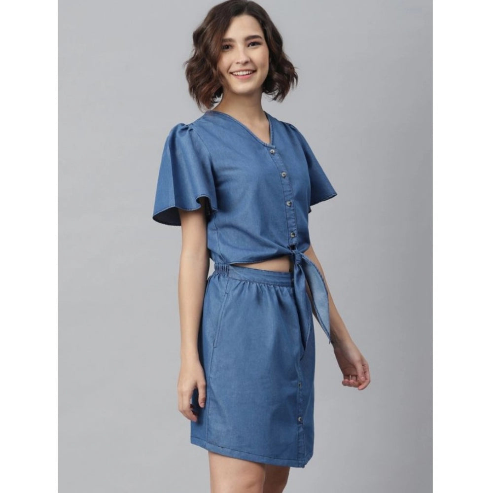 Vaystra Denim Solid Flutter Above Knee Dress – Blue