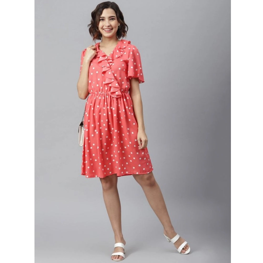 Vaystra Polyester Polka Flutter Above Knee Dress – Coral