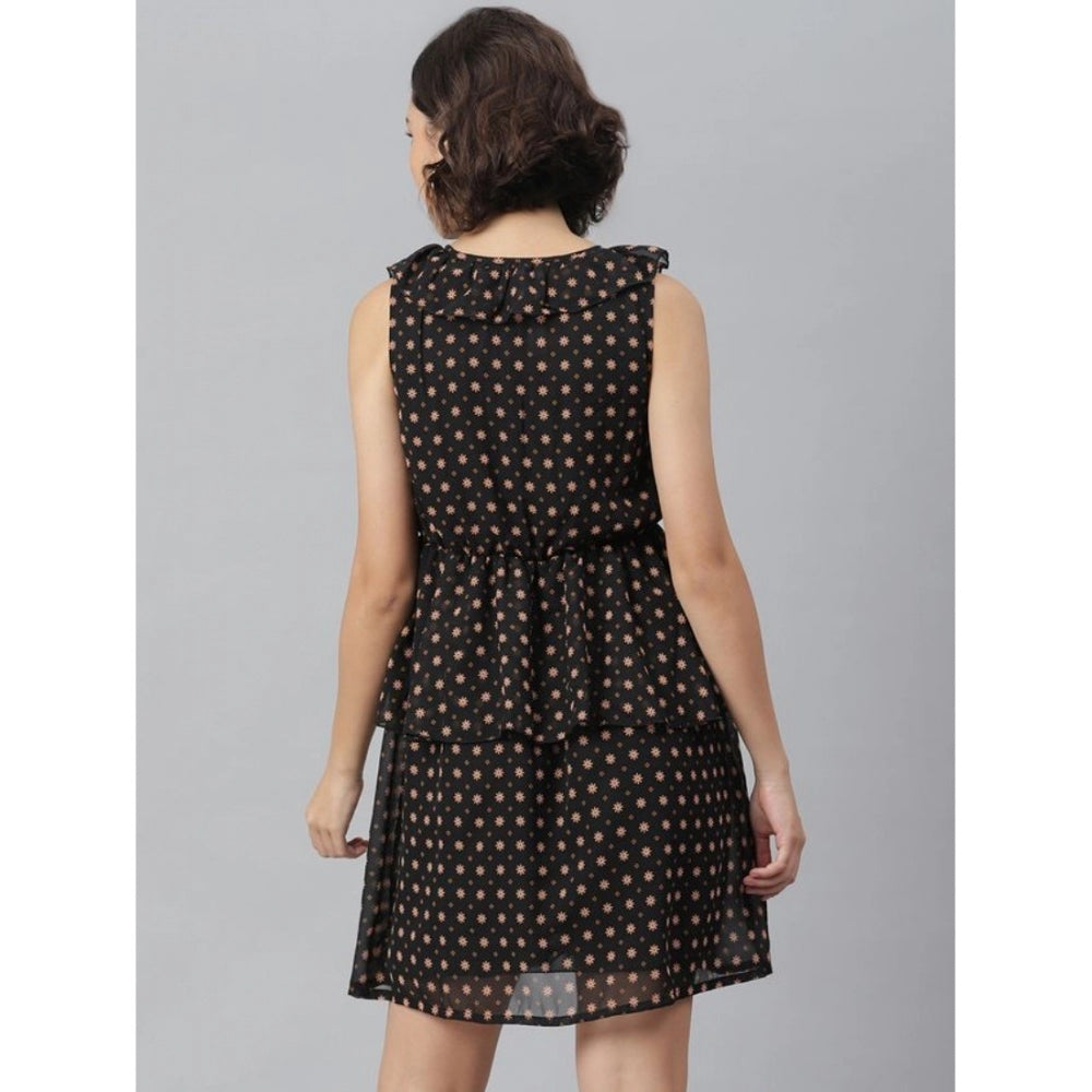 Vaystra Polyester Peplum Sleeveless Above Knee Dress – Black
