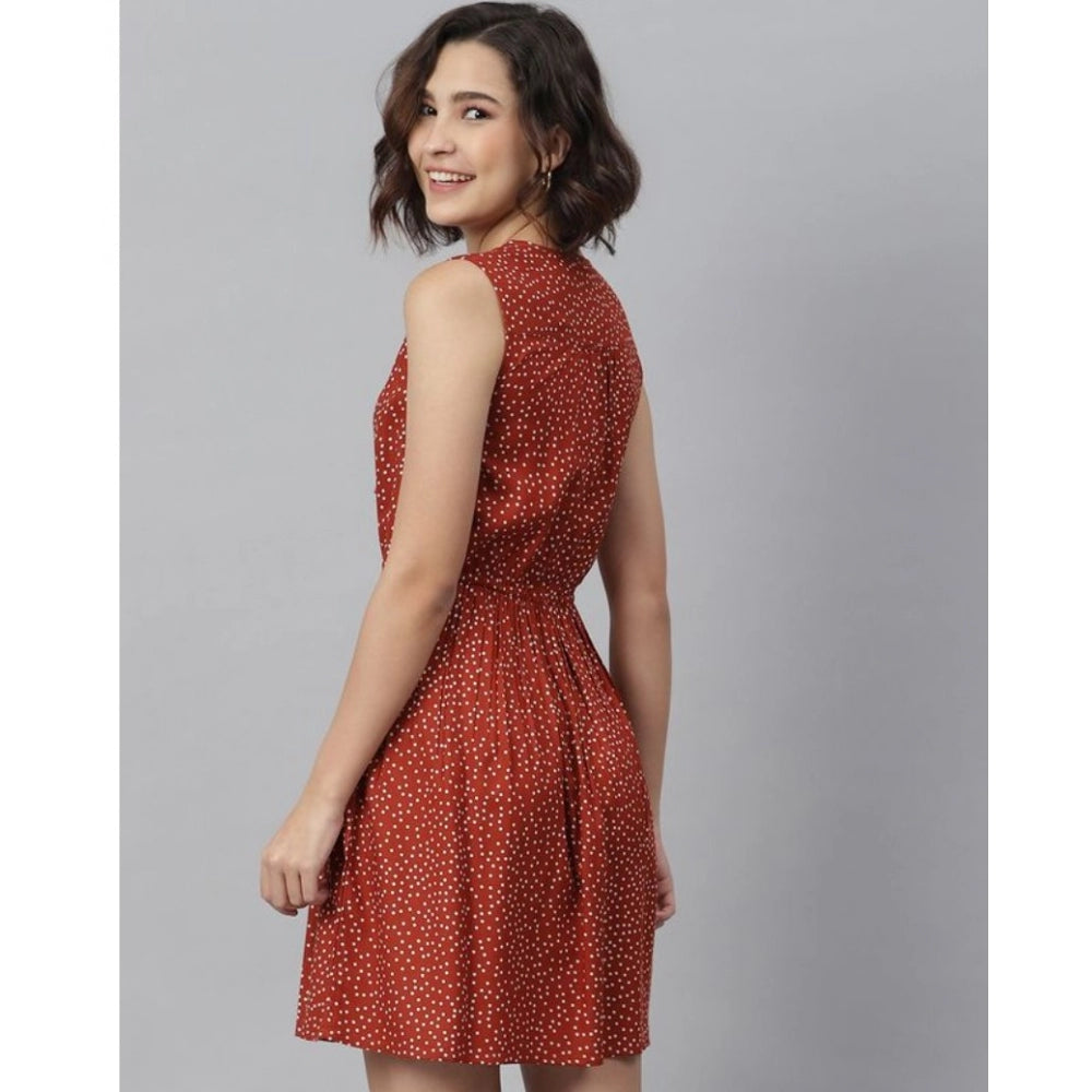 Vaystra Rayon Polka Sleeveless Above Knee Dress – Rust