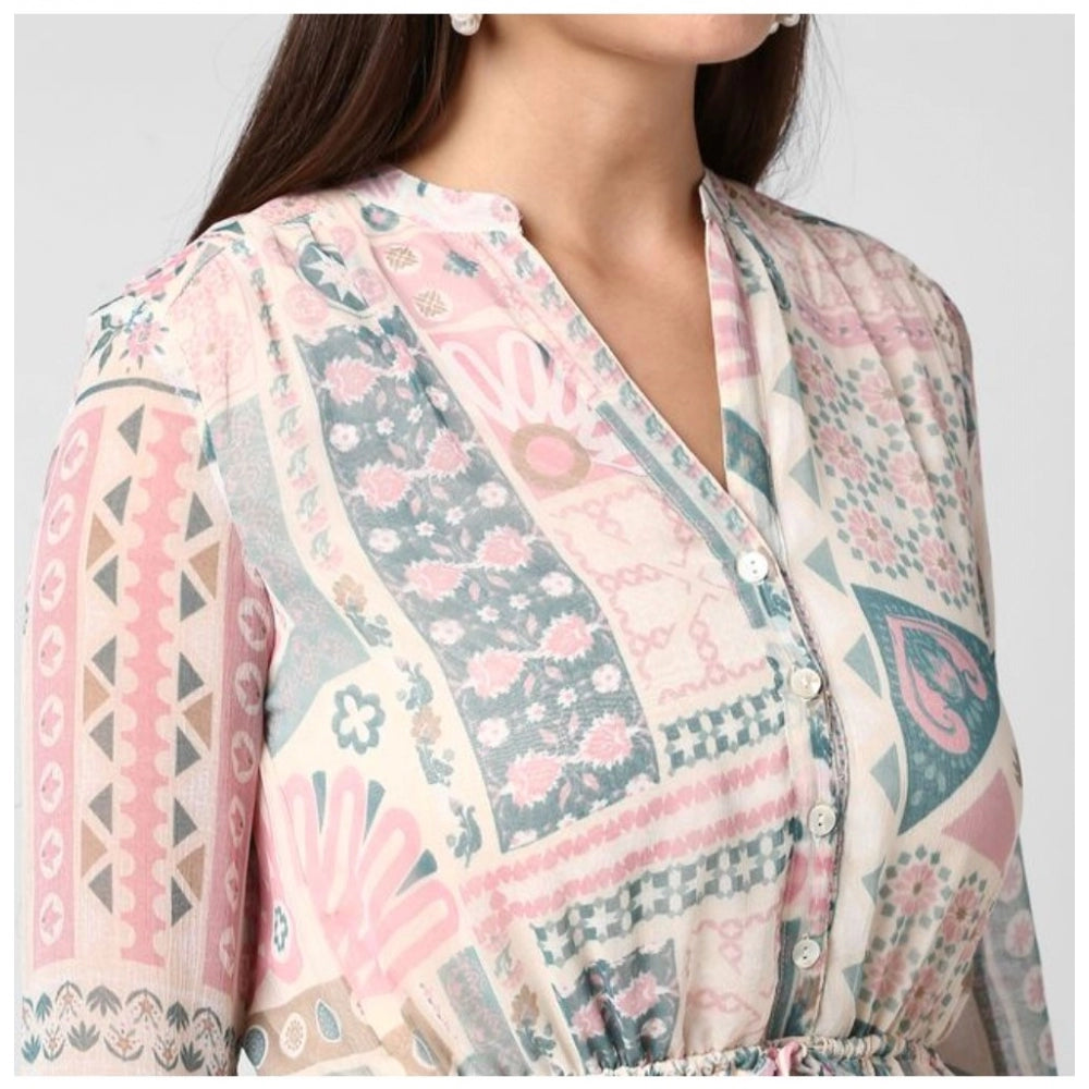 Vaystra Polyester Printed Long Sleeves Above Knee Dress – Light Pink & Off White