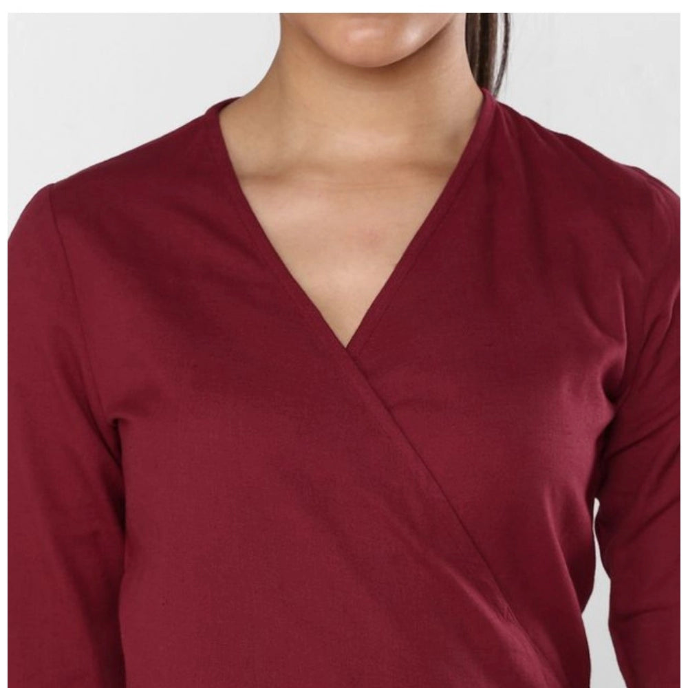 Vaystra Cotton Solid 3-4th Sleeves Above Knee Dress – Maroon