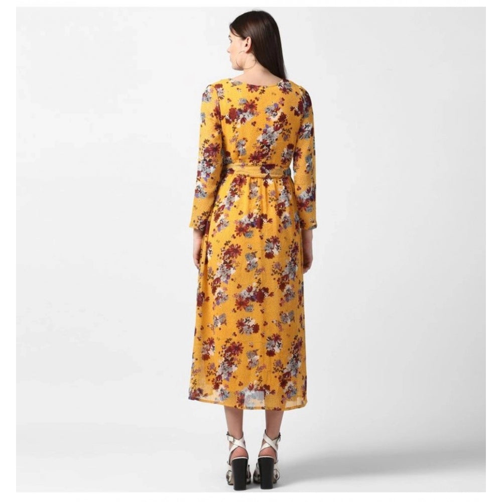 Vaystra Polyester Floral Long Sleeves Calf-length Dress – Yellow