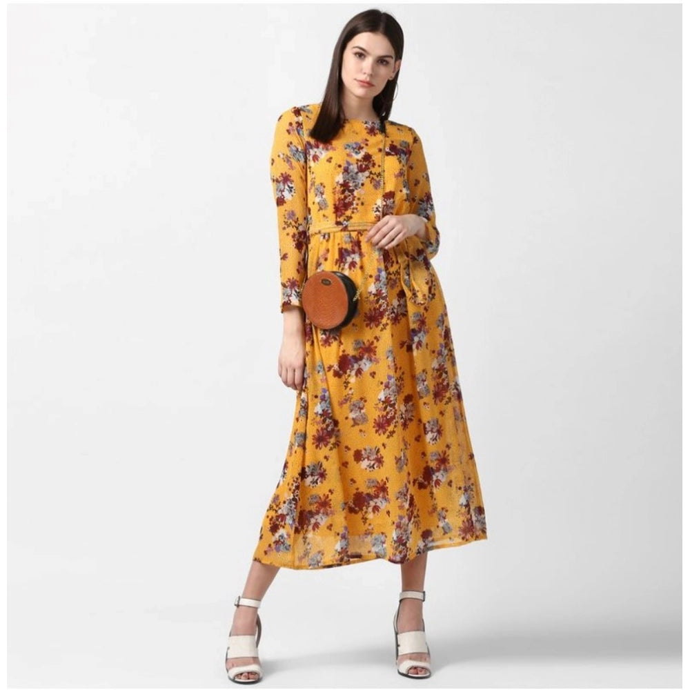 Vaystra Polyester Floral Long Sleeves Calf-length Dress – Yellow