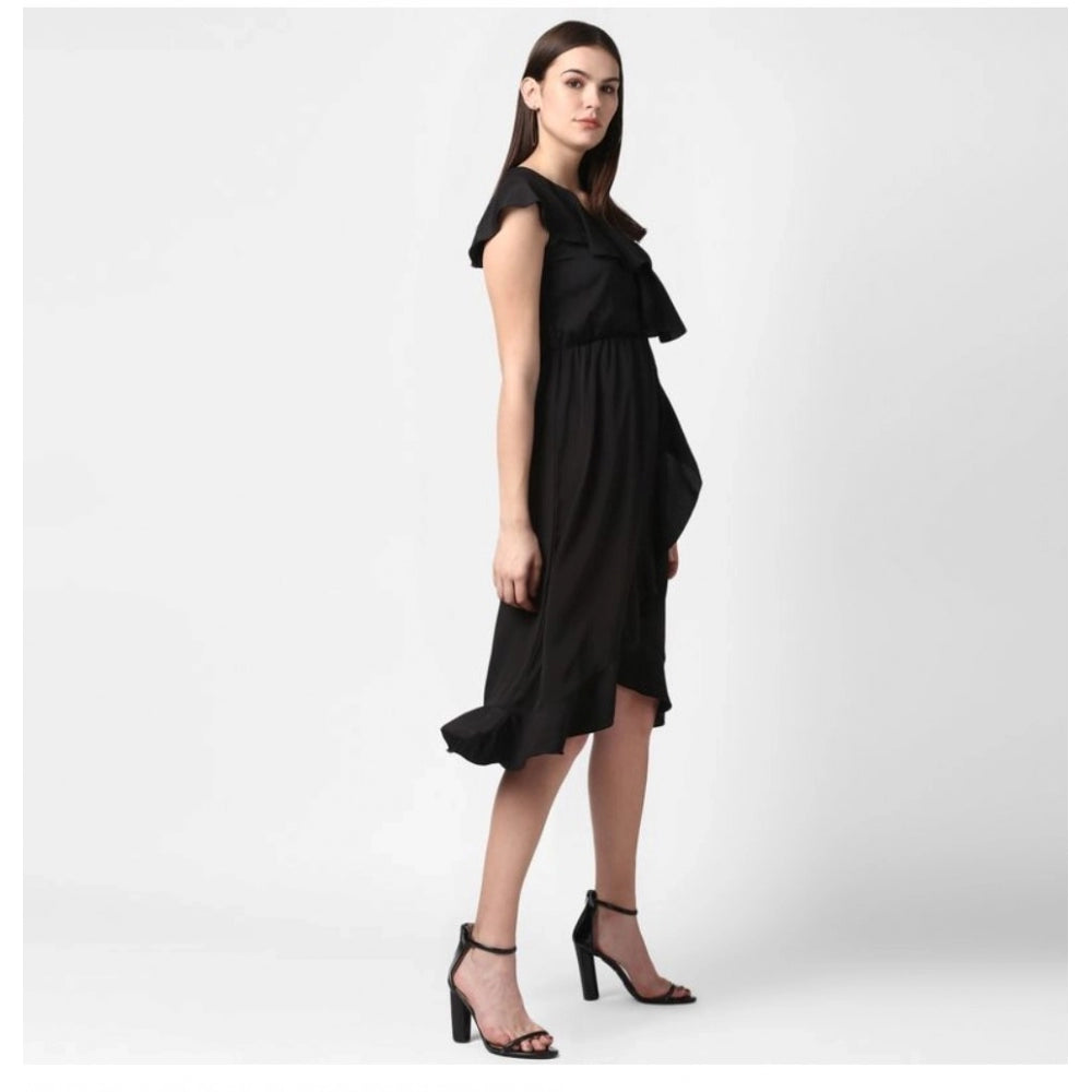 Vaystra Polyester Ruffled Cap Sleeve Knee-Length Dress – Black