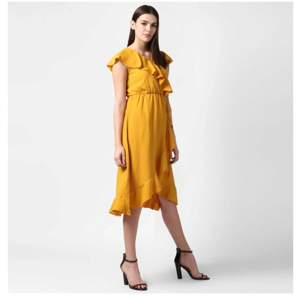 Vaystra Polyester Ruffled Cap Sleeve Knee-Length Dress – Yellow