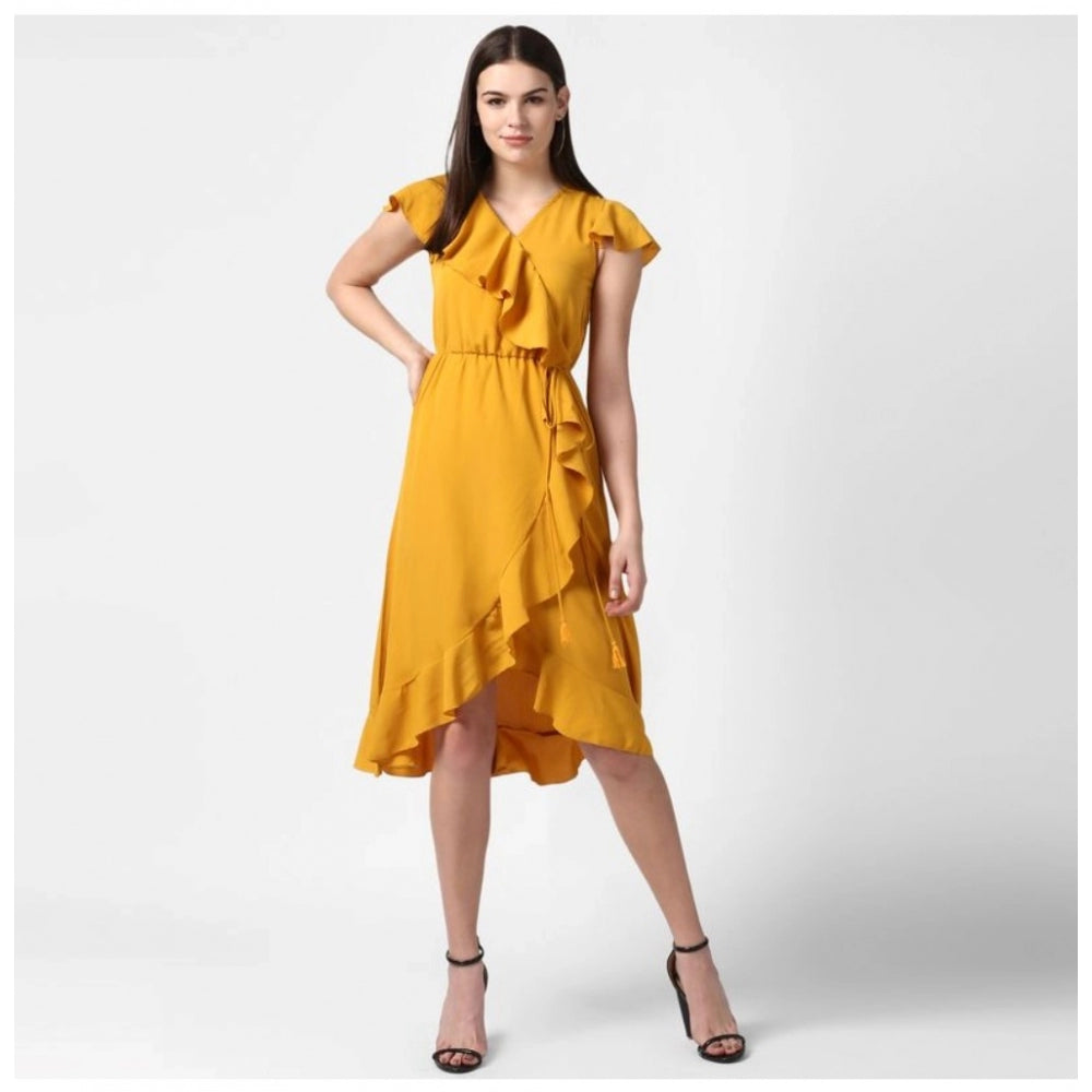 Vaystra Polyester Ruffled Cap Sleeve Knee-Length Dress – Yellow