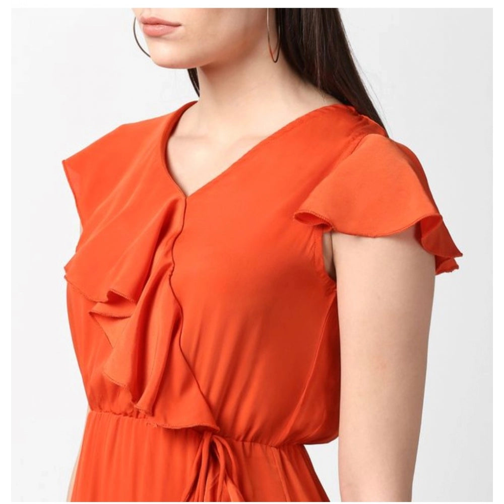 Vaystra Polyester Ruffled Cap Sleeve Knee-Length Dress – Orange