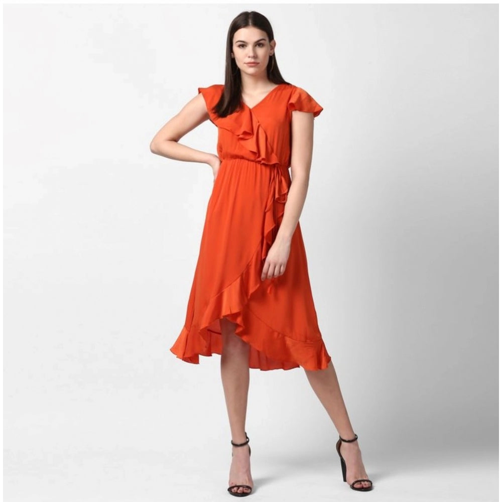 Vaystra Polyester Ruffled Cap Sleeve Knee-Length Dress – Orange