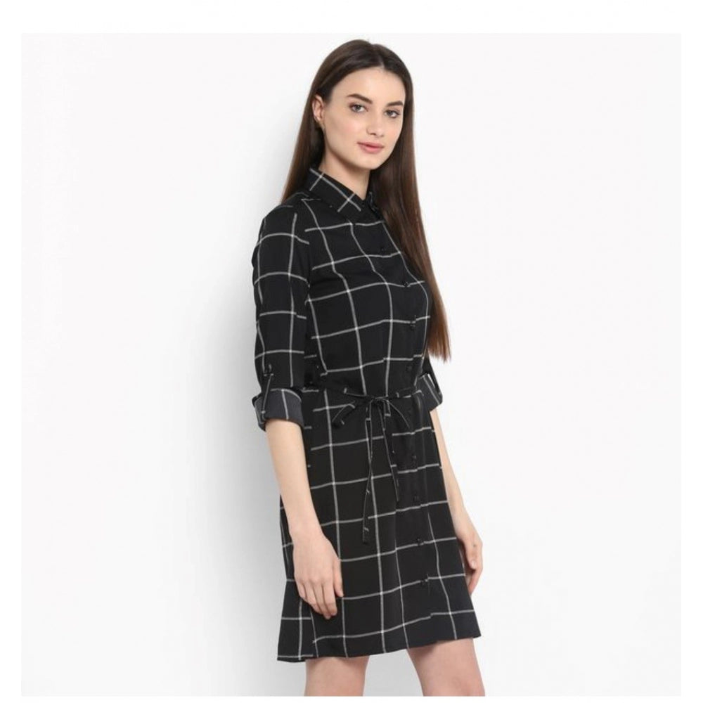 Vaystra Polyester Checkered Roll Up Sleeve Above Knee Dress – Black & White