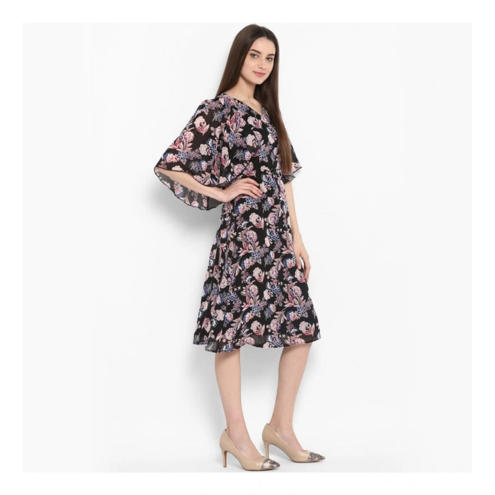Vaystra Polyester Floral Short Sleeve Knee-Length Dress – Black & Multicolor