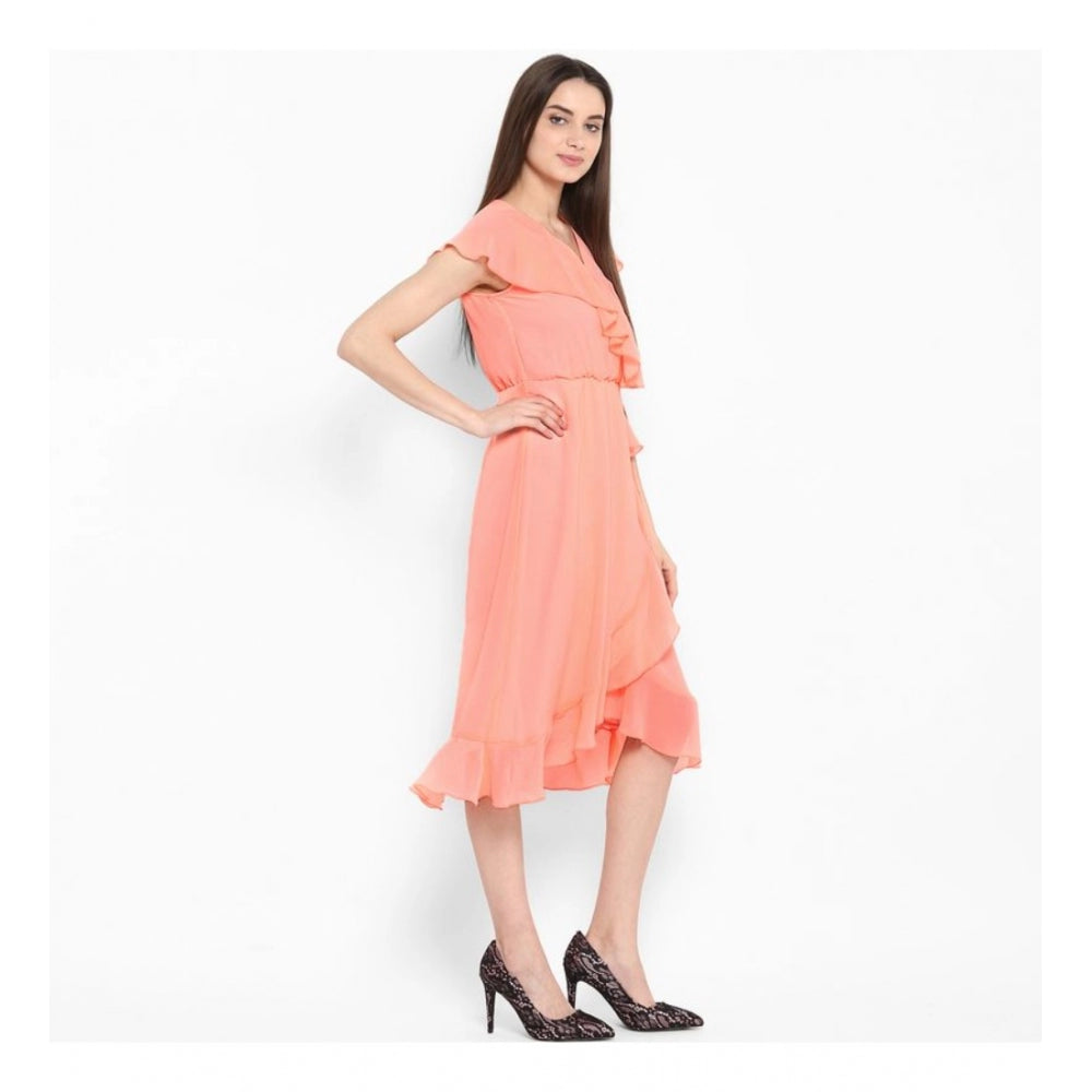 Vaystra Polyester Ruffled Cap Sleeve Below Knee Dress – Neon Pink