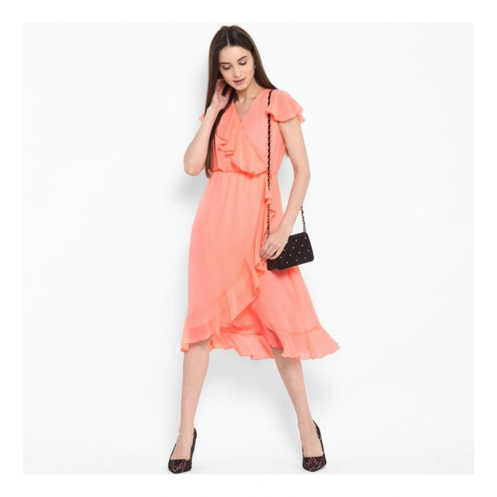 Vaystra Polyester Ruffled Cap Sleeve Below Knee Dress – Neon Pink