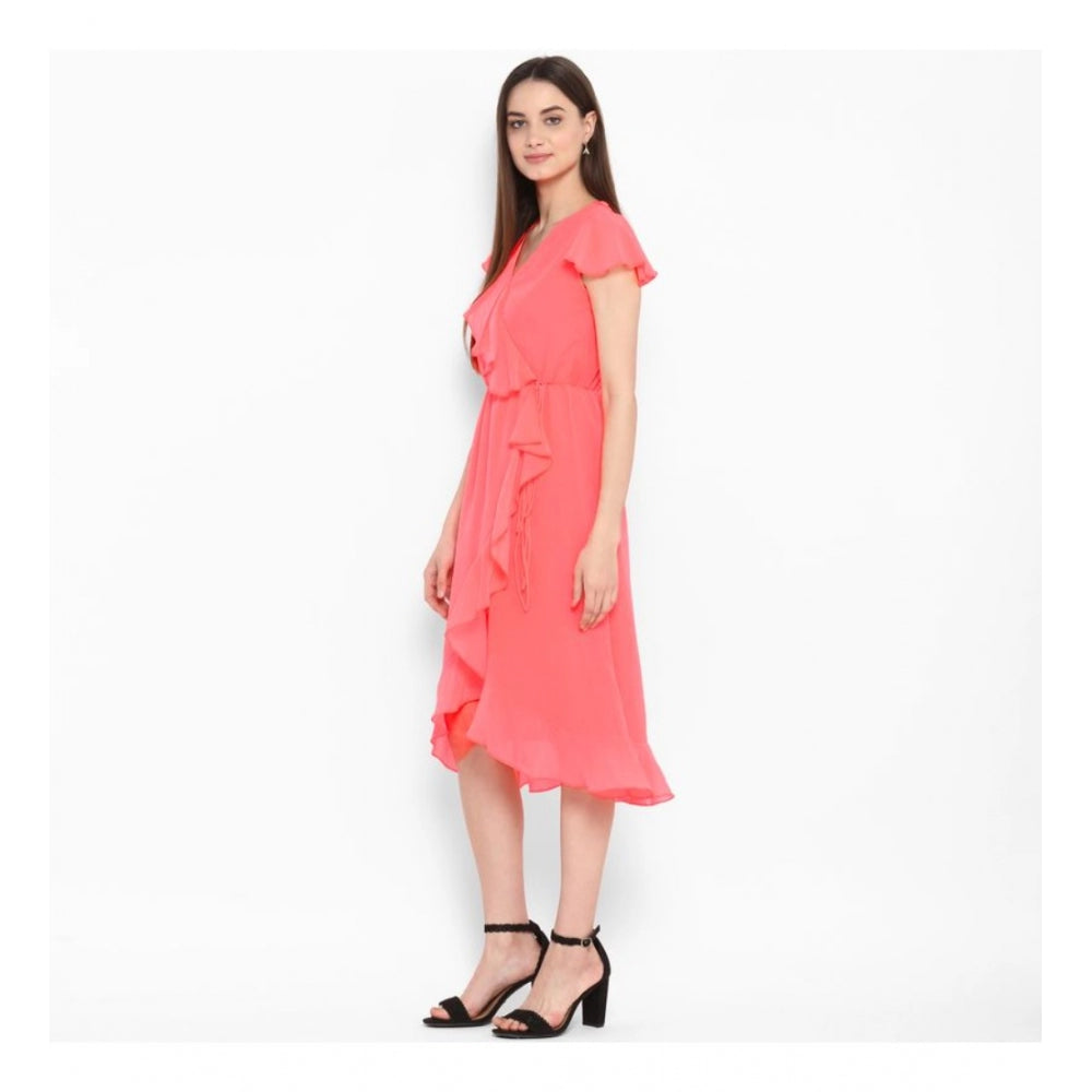 Vaystra Polyester Ruffled Cap Sleeve Below Knee Dress – Coral Pink