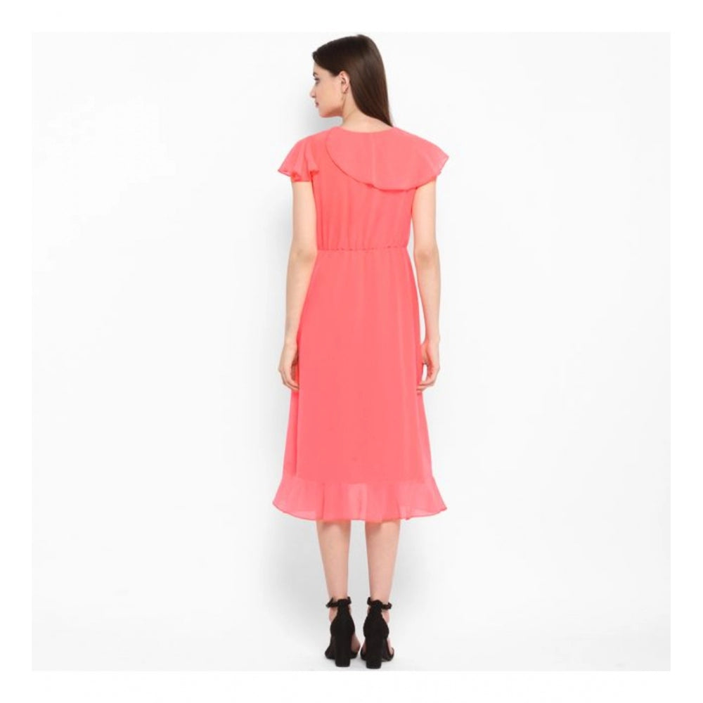Vaystra Polyester Ruffled Cap Sleeve Below Knee Dress – Coral Pink