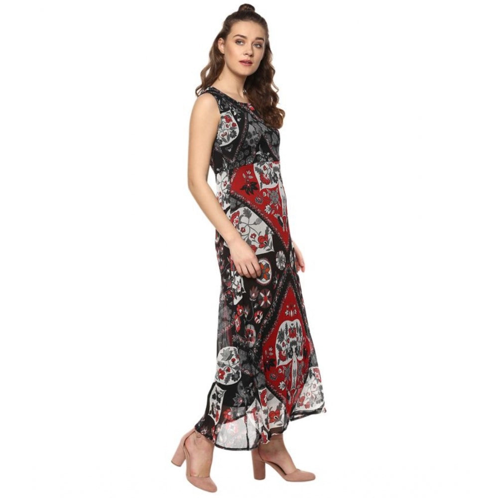 Vaystra Polyester Printed Sleeveless Dress – Red & Black