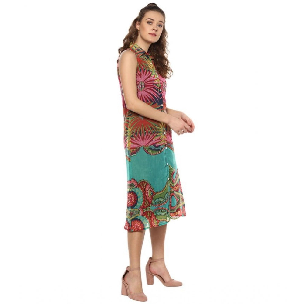 Vaystra Polyester Floral Sleeveless Below Knee Dress – Multicolor