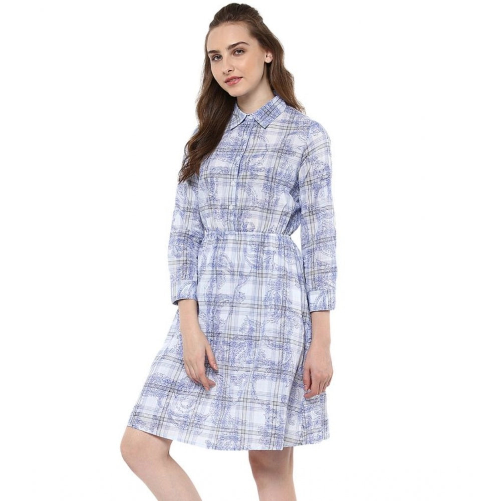 Vaystra Cotton Checkered Roll Up Sleeve Above Knee Dress – Blue