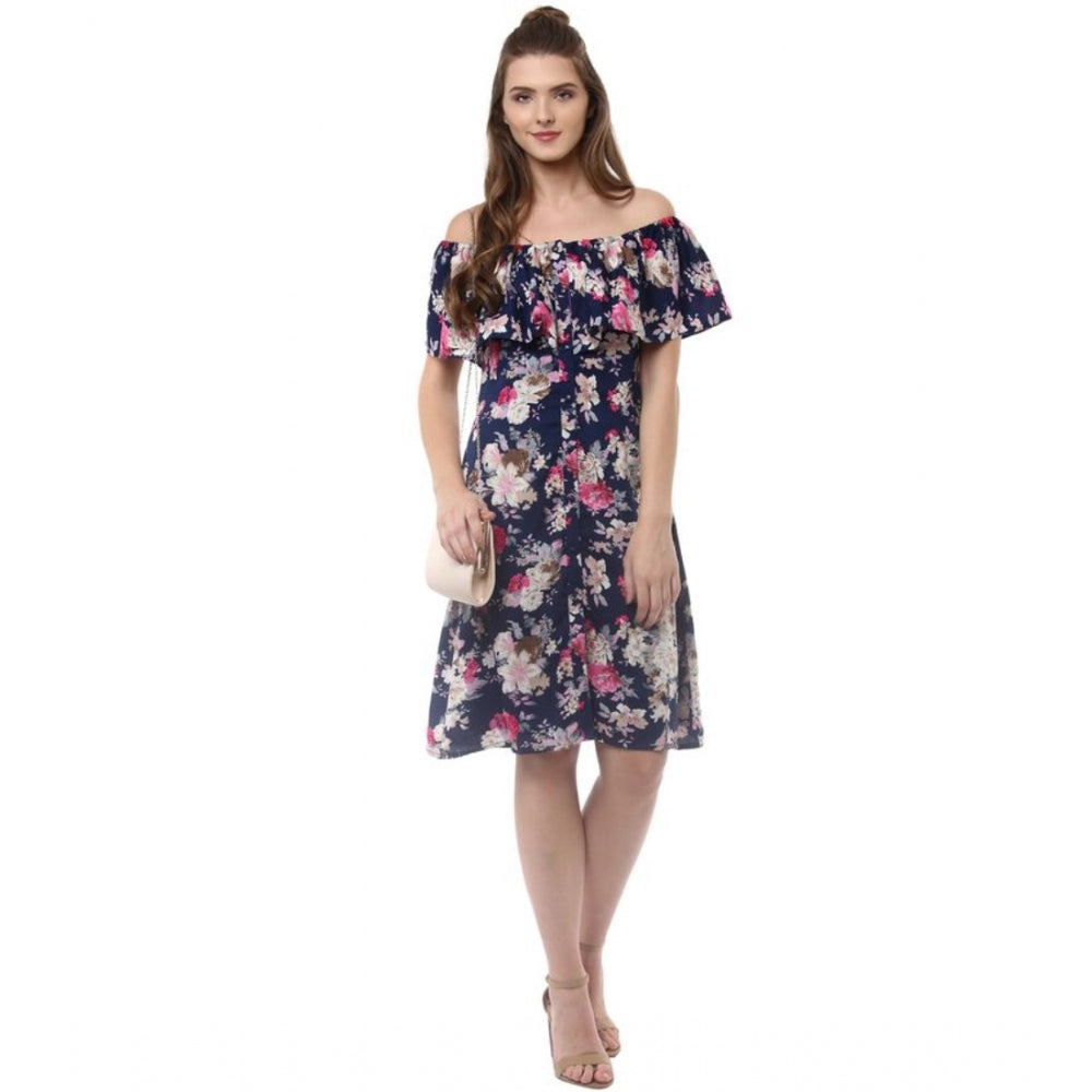 Vaystra Polyester Crepe Floral Half Sleeve Above Knee Dress – Navy Blue