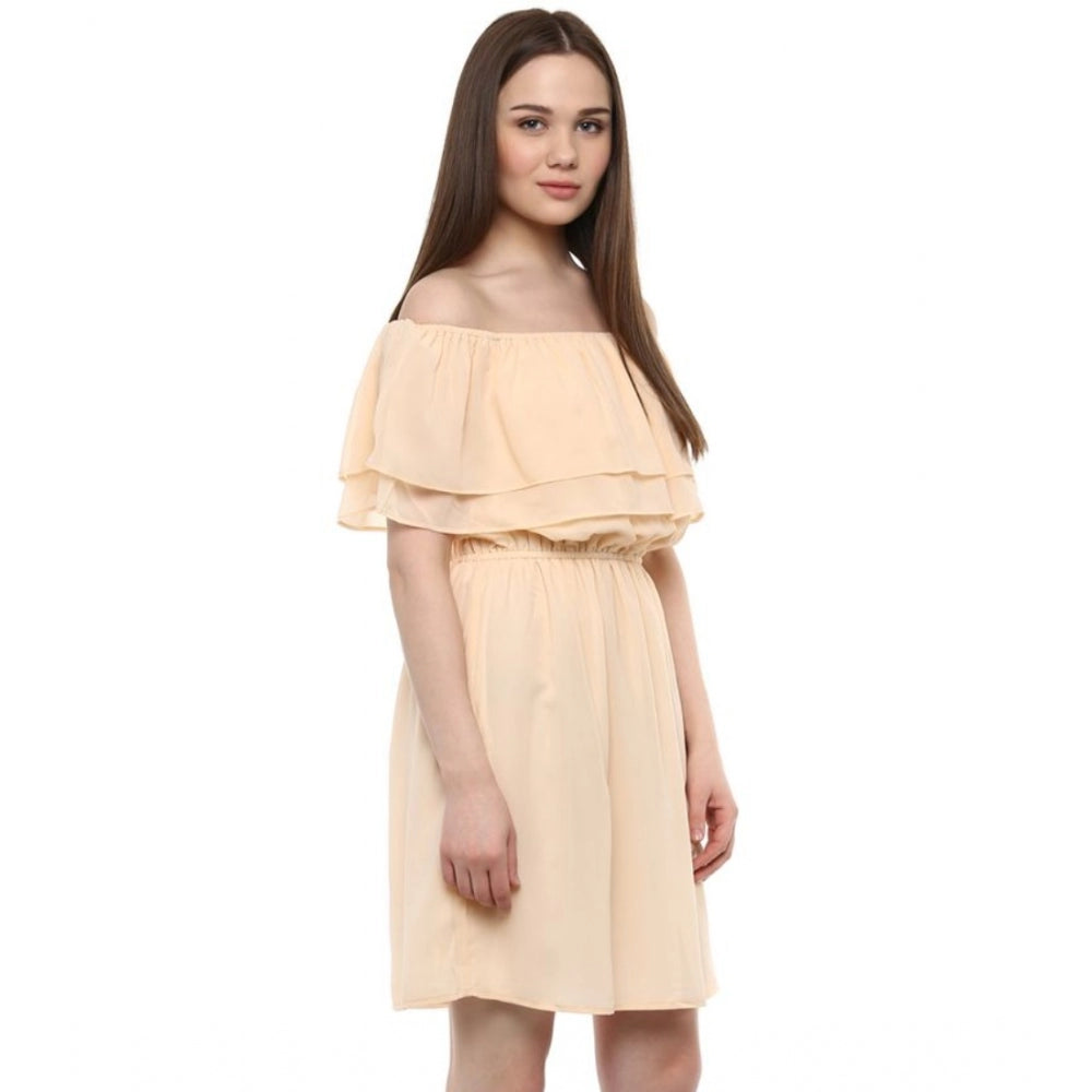 Vaystra Polyester Solid Sleeveless Knee-Length Dress – Beige