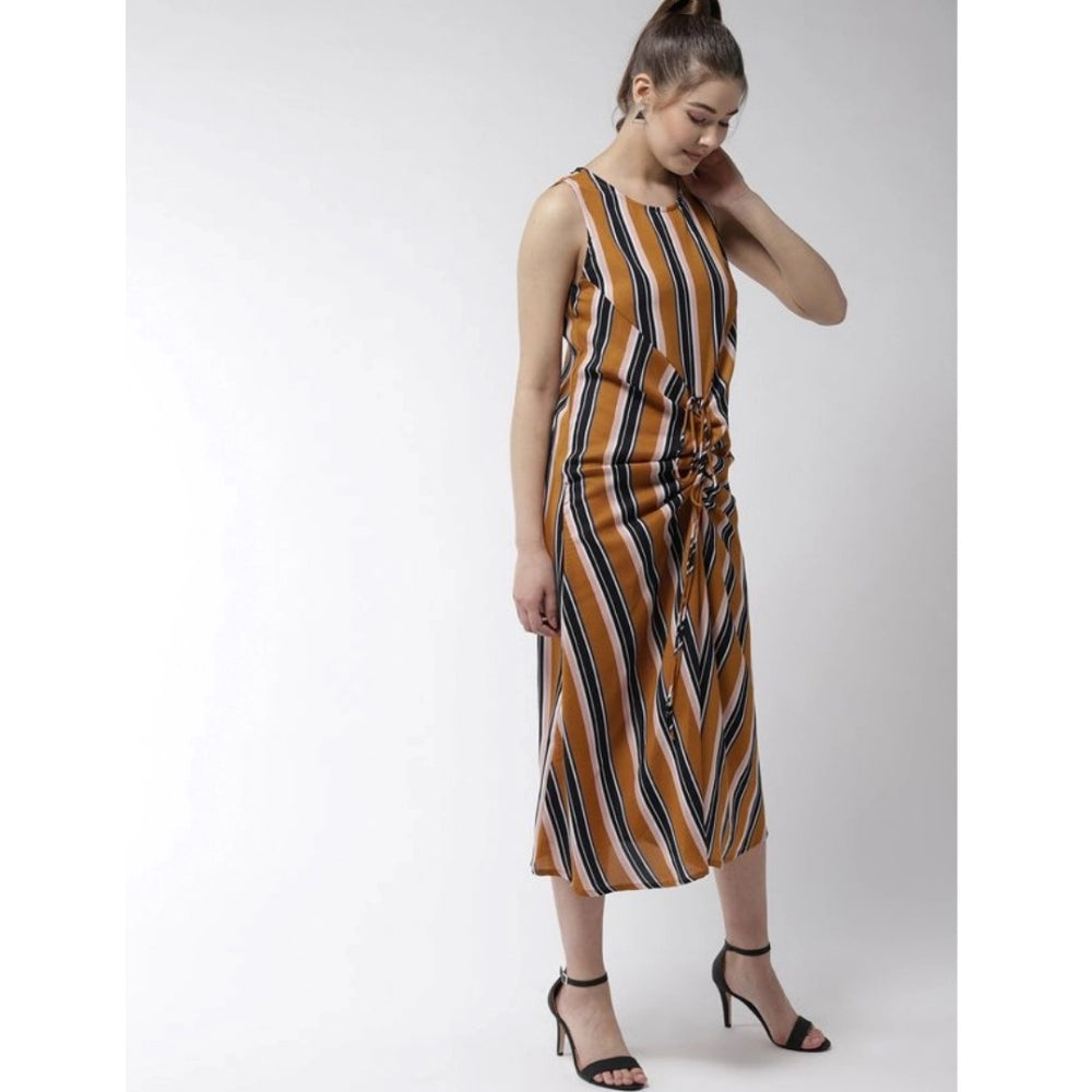 Vaystra Polyester Striped Sleeveless Below Knee Dress – Mustard
