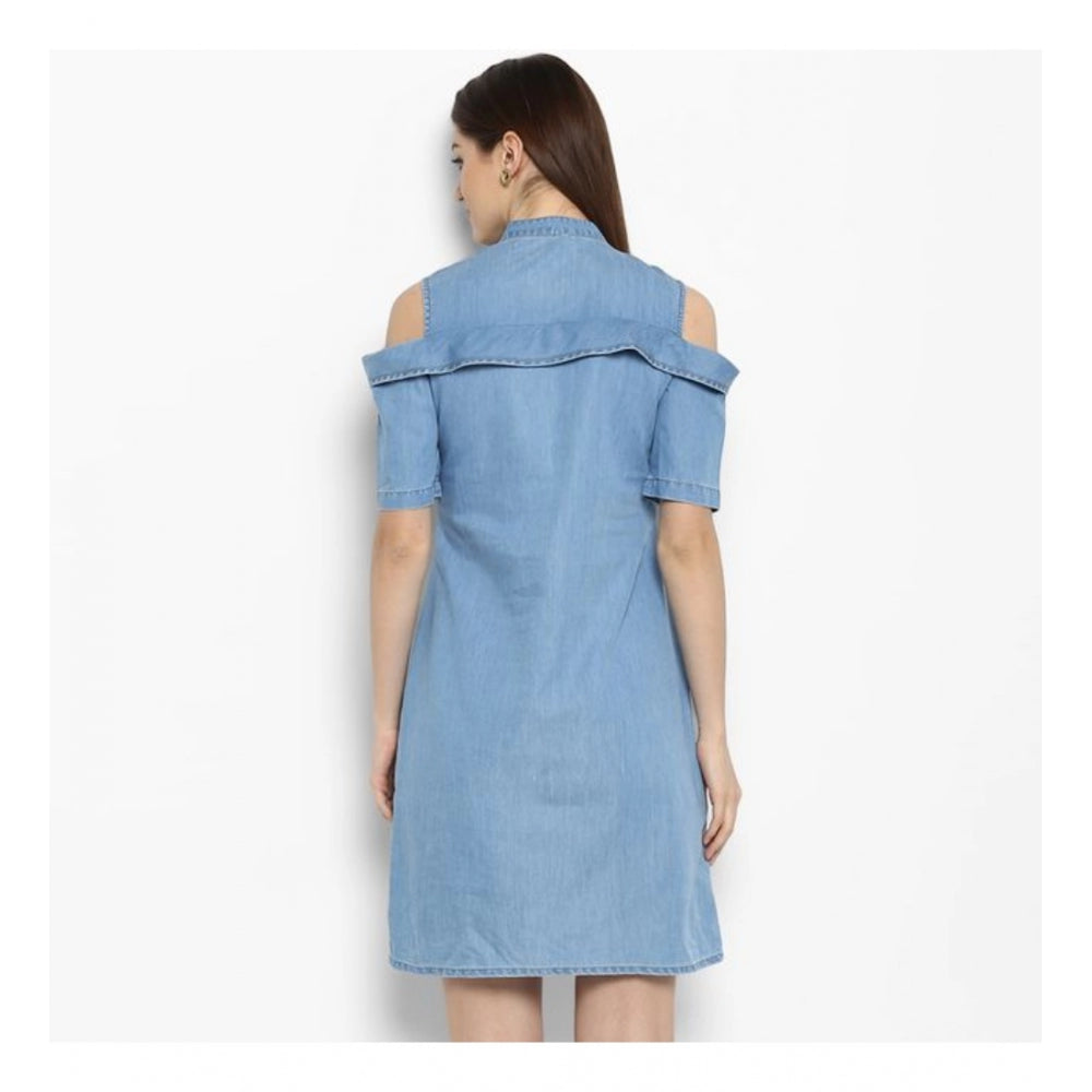 Vaystra Denim Solid Cold Shoulder Above Knee Dress – Blue