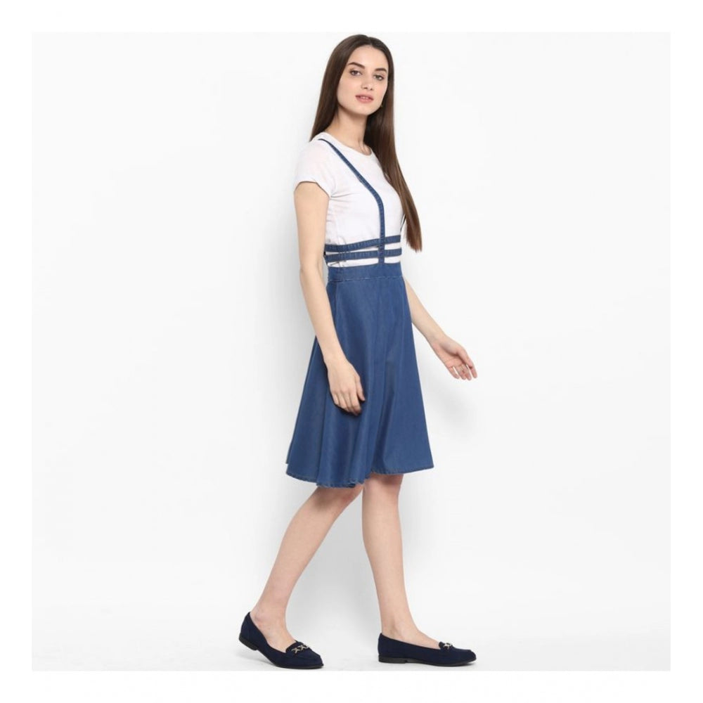 Vaystra Denim Solid Shoulder Straps Below Knee Dress – Blue