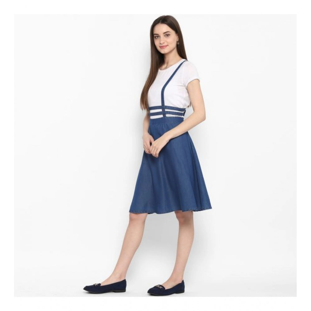 Vaystra Denim Solid Shoulder Straps Below Knee Dress – Blue