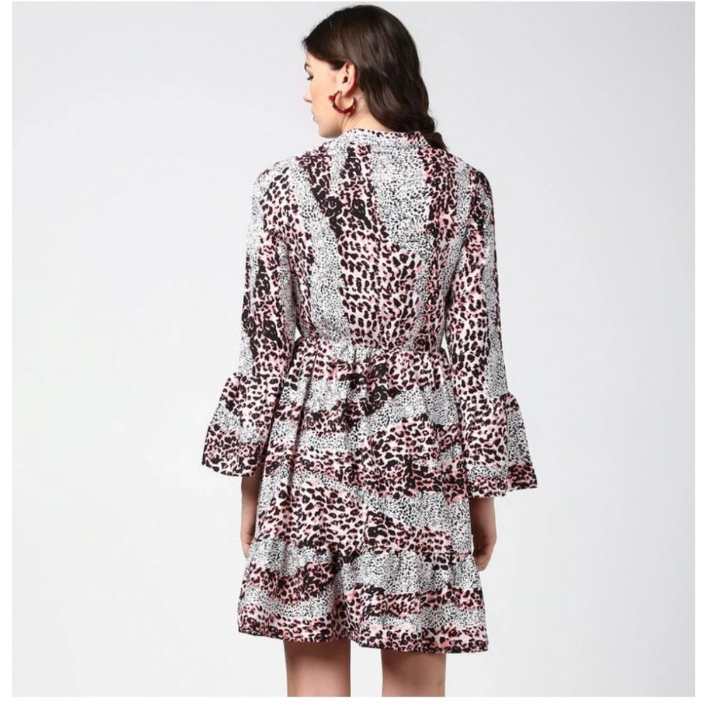 Vaystra Polyester Animal Print Bell Sleeve Above Knee Dress – Pink & Black