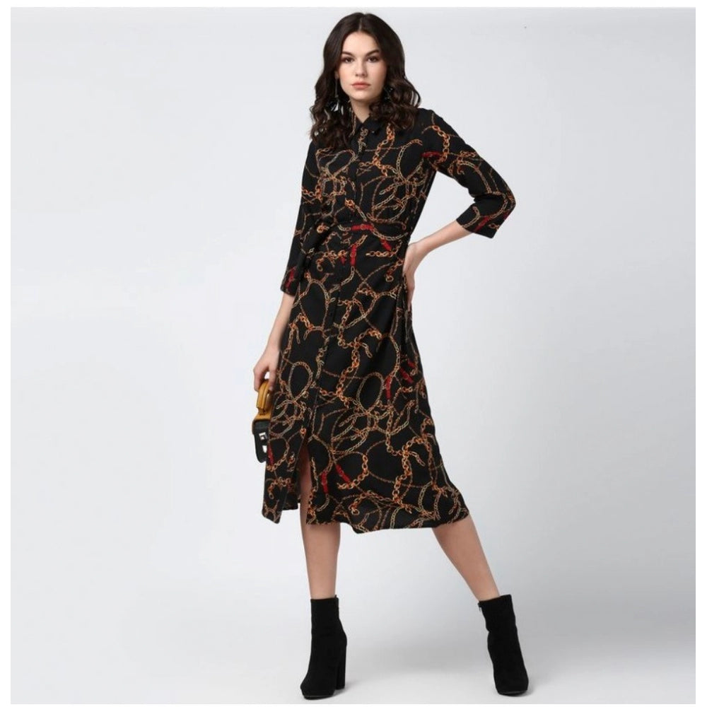 Vaystra Polyester Chain Print Roll Up Sleeve Below Knee Dress – Black & Yellow