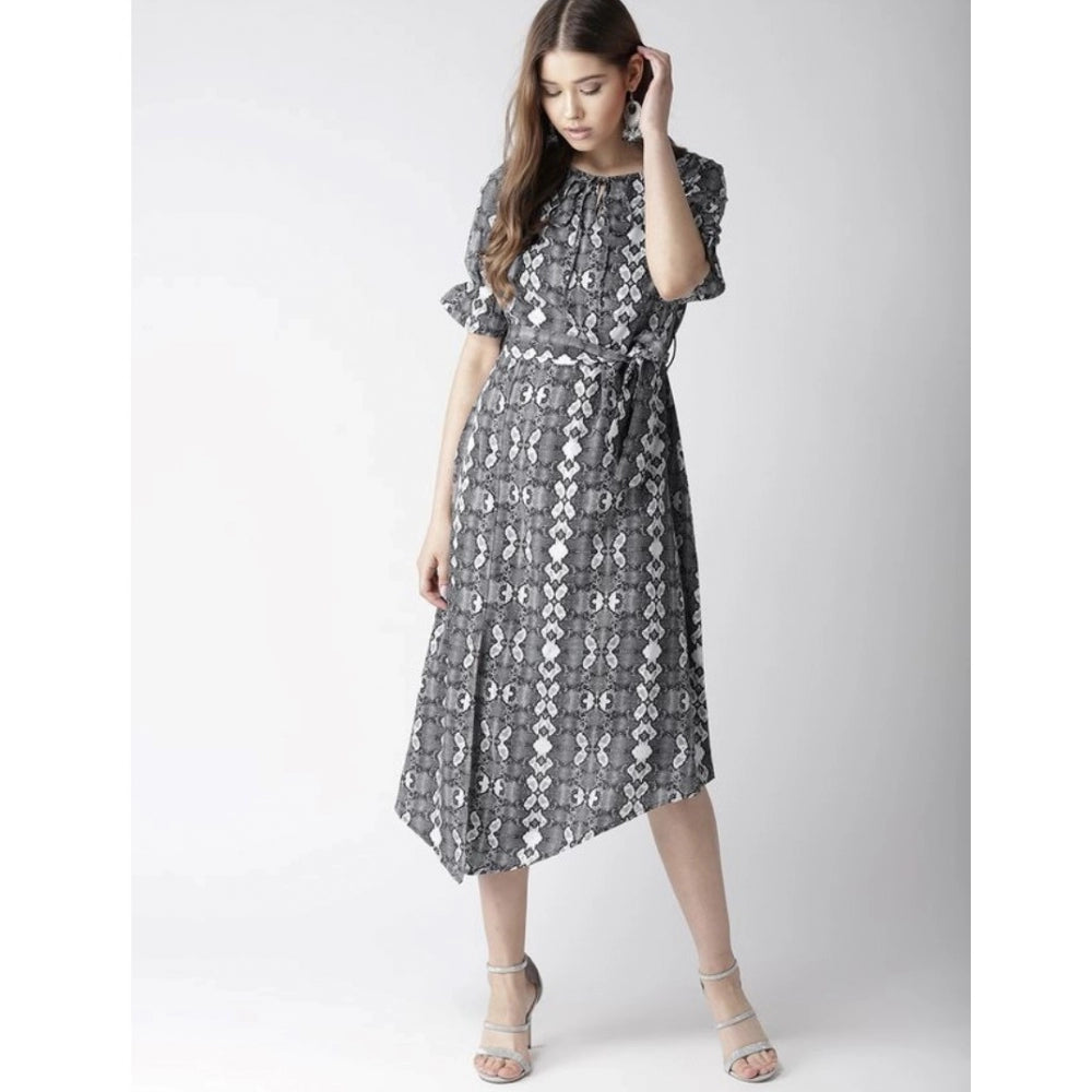 Vaystra Polyester Animal Print Short Sleeve Knee-Length Dress – Black & White