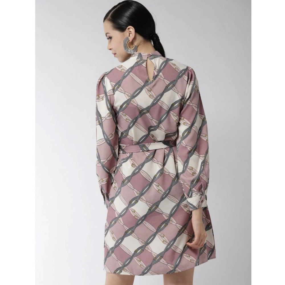 Vaystra Polyester Checkered Long Sleeves Above Knee Dress – Off White & Lavender