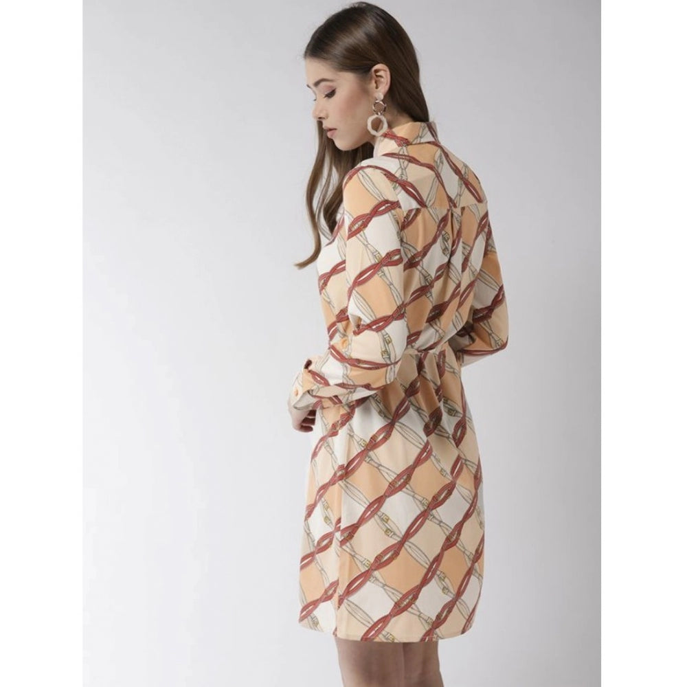 Vaystra Polyester Printed Roll Up Sleeve Above Knee Dress – Off White & Brown