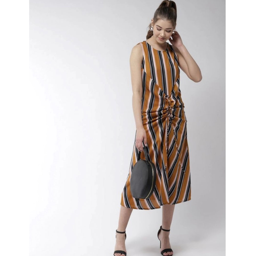 Vaystra Polyester Striped Sleeveless Below Knee Dress – Mustard