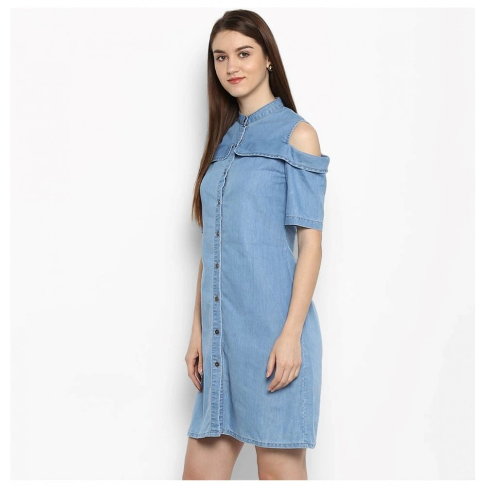 Vaystra Denim Solid Cold Shoulder Above Knee Dress – Blue