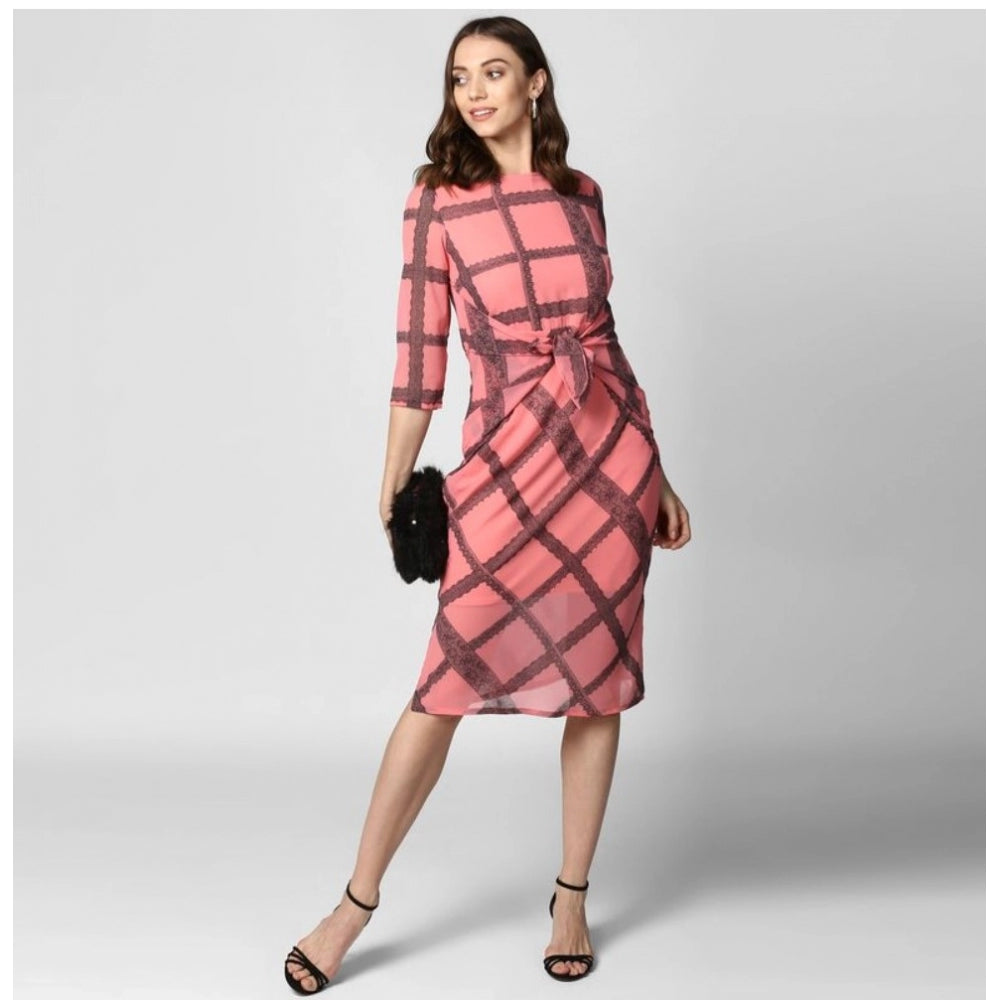 Vaystra Polyester Checkered 3-4th Sleeves Below Knee Dress – Pink & Black