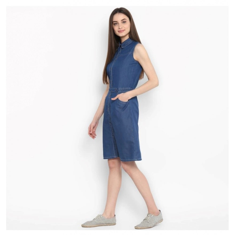 Vaystra Denim Solid Sleeveless Above Knee Dress – Blue