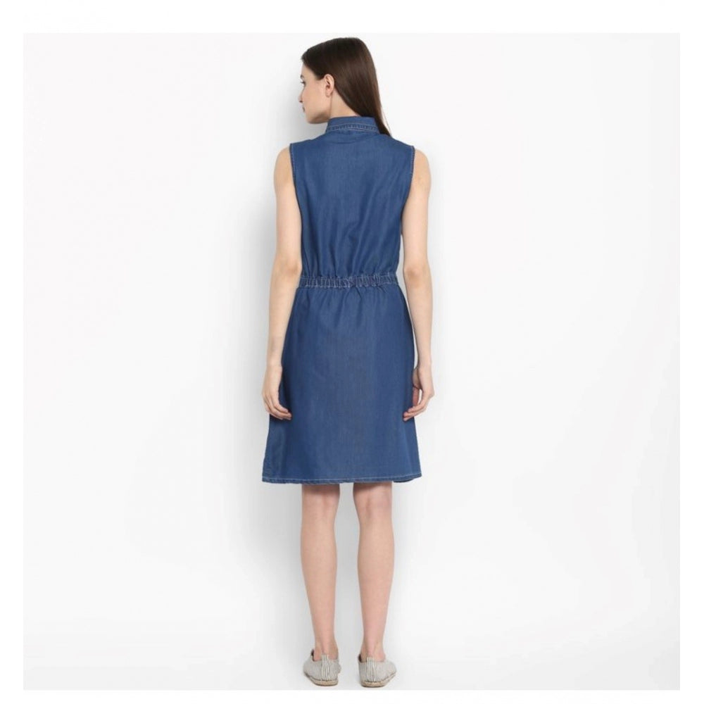 Vaystra Denim Solid Sleeveless Above Knee Dress – Blue
