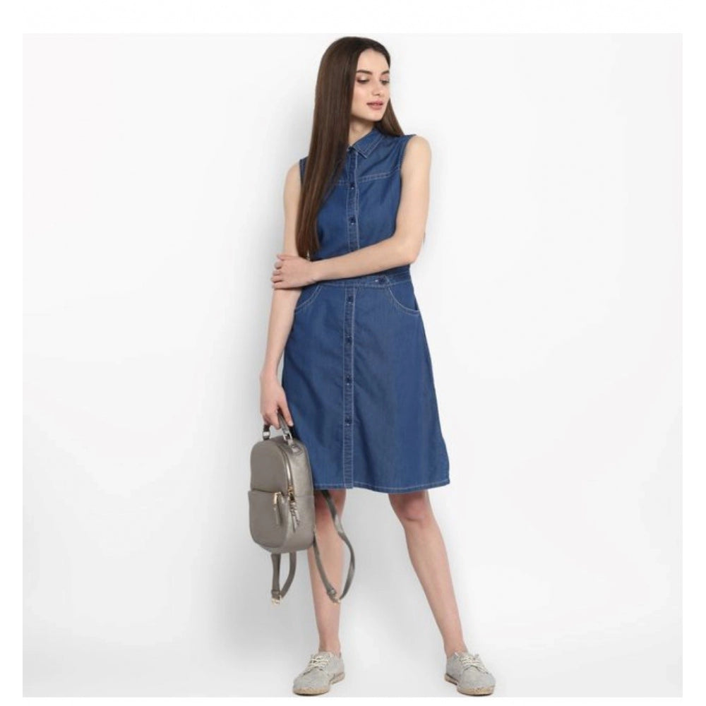 Vaystra Denim Solid Sleeveless Above Knee Dress – Blue