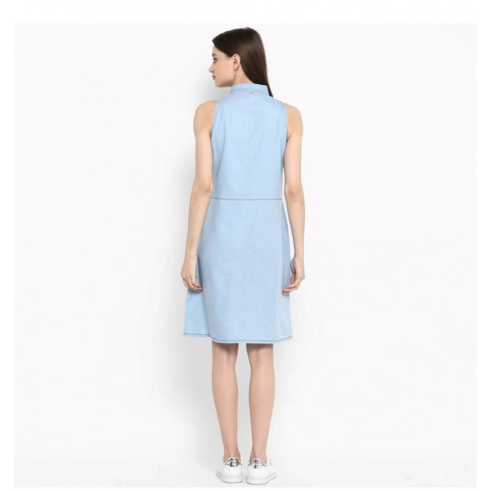 Vaystra Denim Solid Sleeveless Below Knee Dress – Blue