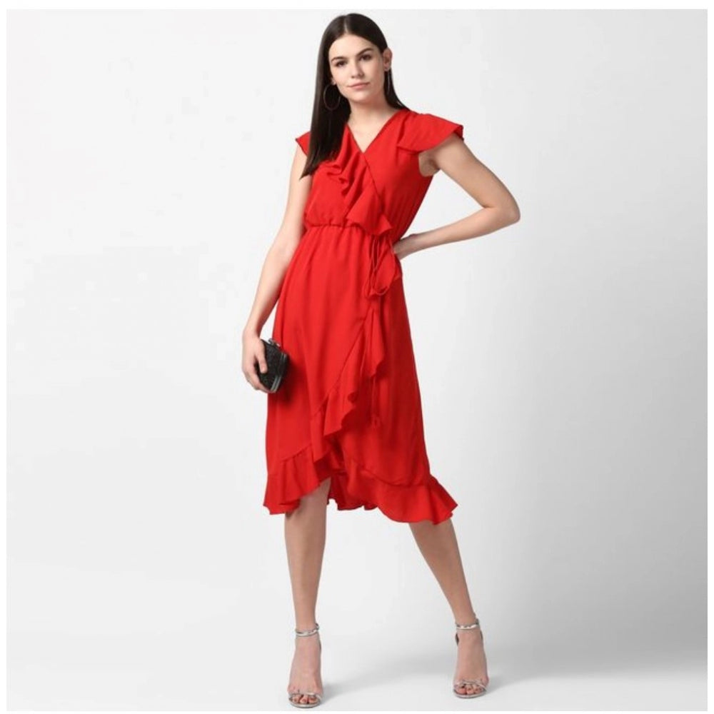 Vaystra Polyester Ruffled Cap Sleeve Knee-Length Dress – Red