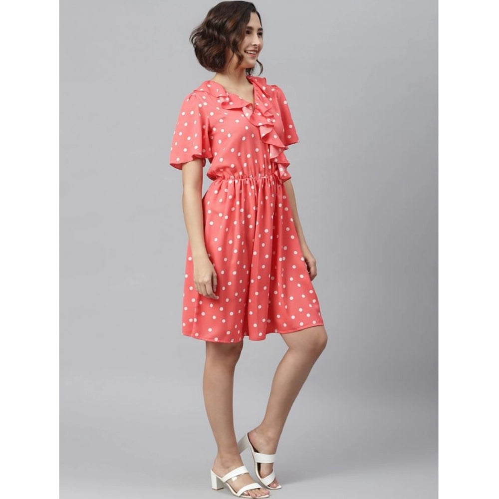 Vaystra Polyester Polka Flutter Above Knee Dress – Coral