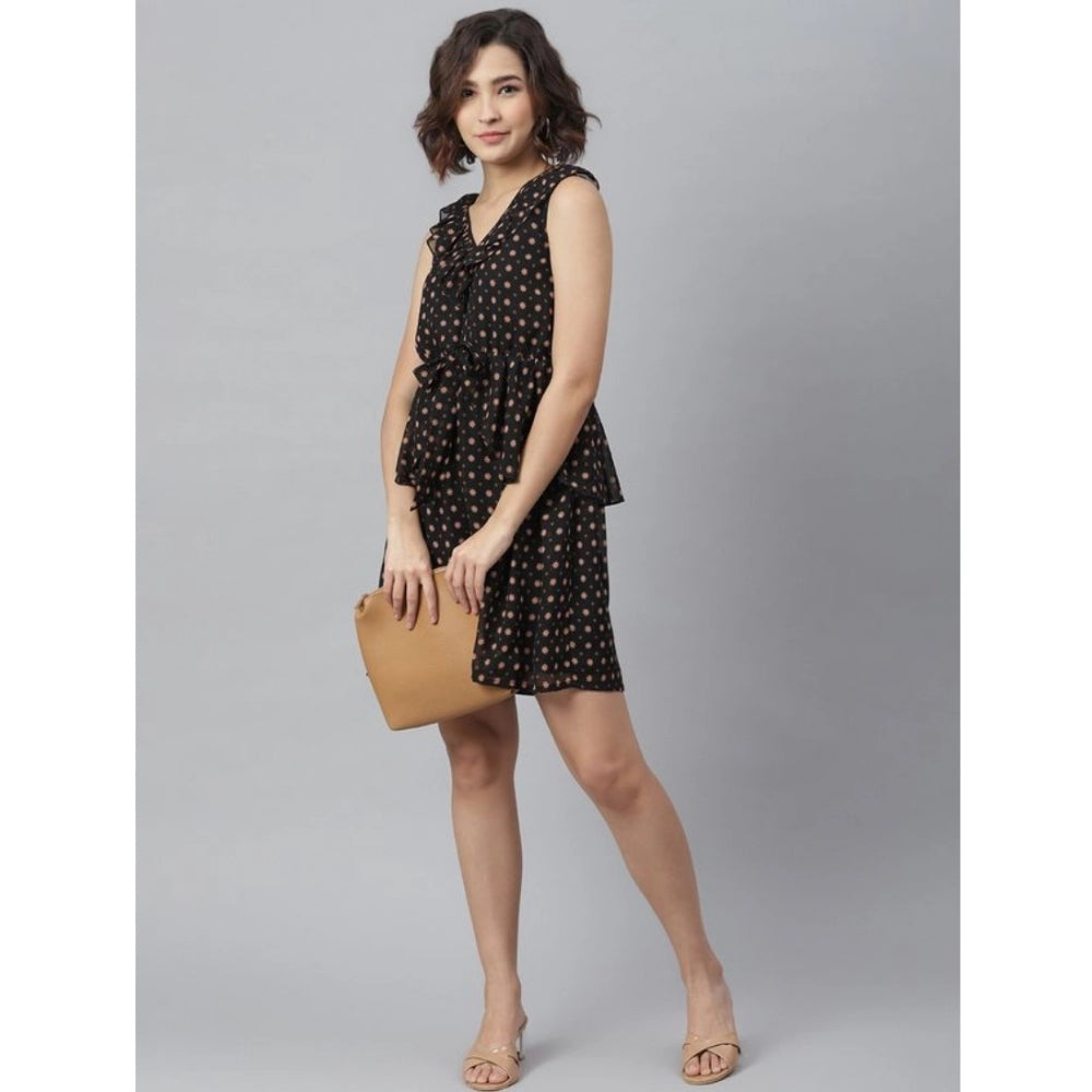 Vaystra Polyester Peplum Sleeveless Above Knee Dress – Black