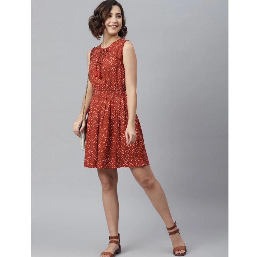 Vaystra Rayon Polka Sleeveless Above Knee Dress – Rust