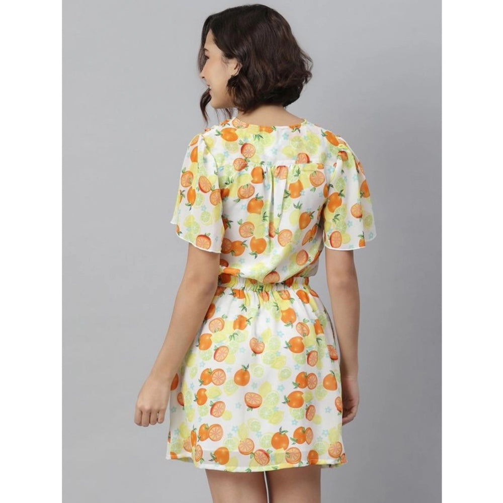 Vaystra Polyester Printed Flutter Above Knee Dress – Orange & Yellow