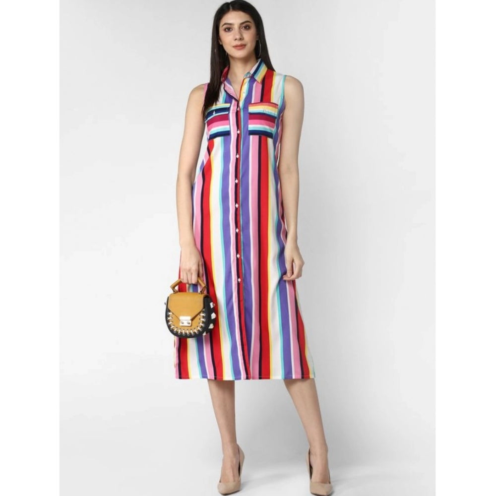 Vaystra Polyester Striped Sleeveless Calf-length Dress – Multicolor