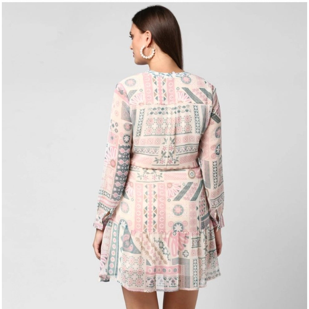 Vaystra Polyester Printed Long Sleeves Above Knee Dress – Light Pink & Off White